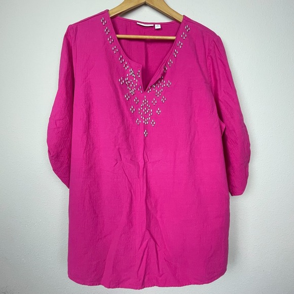 Susan Graver Tops - Susan Graver Pink Beaded Top 1X‎ Roll-Tab Sleeve Casual Cotton Coastal Everyday